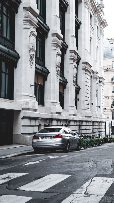 Download wallpaper 2160x3840 bmw, car, gray, parking, road, buildings samsung galaxy s4, s5, note, sony xperia z, z1, z2, z3, htc one, lenovo vibe hd background