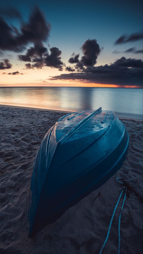 Download wallpaper 2160x3840 boat, beach, sea, sand, water, dusk samsung galaxy s4, s5, note, sony xperia z, z1, z2, z3, htc one, lenovo vibe hd background