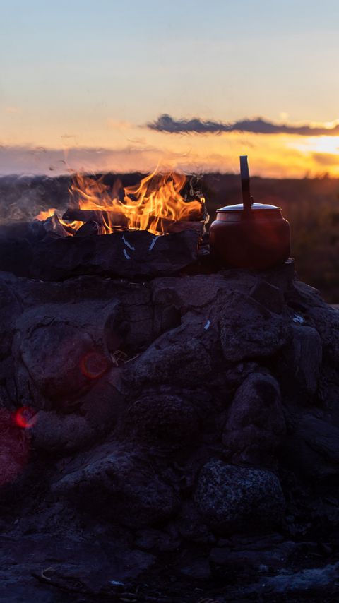 Download wallpaper 2160x3840 bonfire, fire, kettle, camping, nature samsung galaxy s4, s5, note, sony xperia z, z1, z2, z3, htc one, lenovo vibe hd background