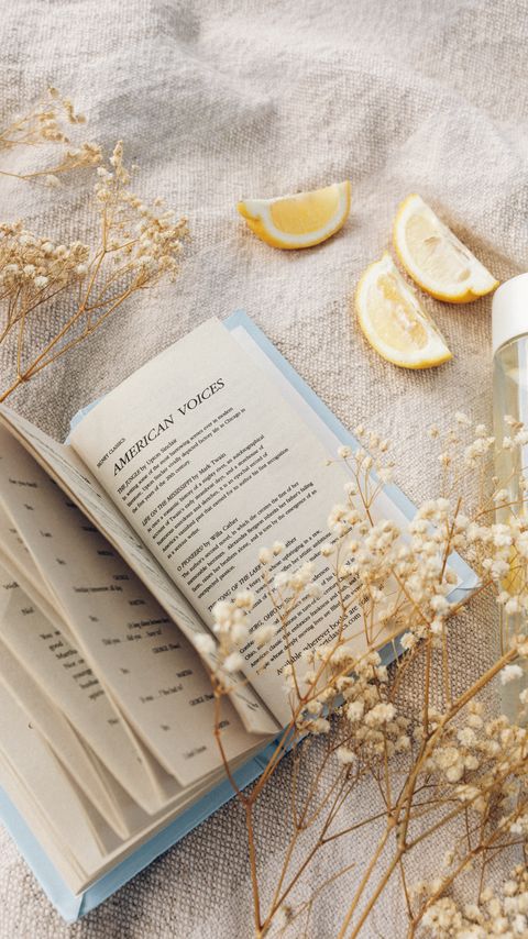 Download wallpaper 2160x3840 book, branches, flowers, lemon, fruit, reading samsung galaxy s4, s5, note, sony xperia z, z1, z2, z3, htc one, lenovo vibe hd background