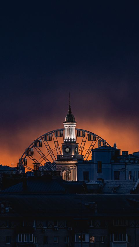 Download wallpaper 2160x3840 building, dome, ferris wheel, city, night, dark samsung galaxy s4, s5, note, sony xperia z, z1, z2, z3, htc one, lenovo vibe hd background