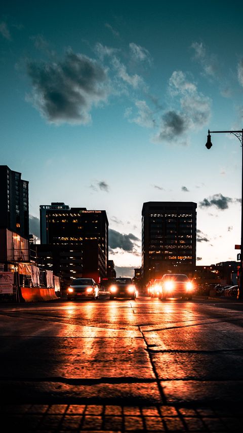 Download wallpaper 2160x3840 cars, headlights, light, road, buildings, twilight samsung galaxy s4, s5, note, sony xperia z, z1, z2, z3, htc one, lenovo vibe hd background