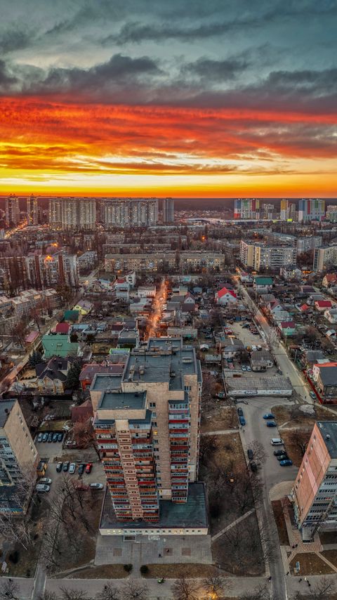 Download wallpaper 2160x3840 city, aerial view, buildings, sunset, cityscape samsung galaxy s4, s5, note, sony xperia z, z1, z2, z3, htc one, lenovo vibe hd background