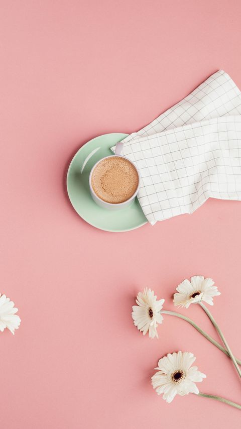 Download wallpaper 2160x3840 coffee, cup, flowers, pink, minimalism samsung galaxy s4, s5, note, sony xperia z, z1, z2, z3, htc one, lenovo vibe hd background