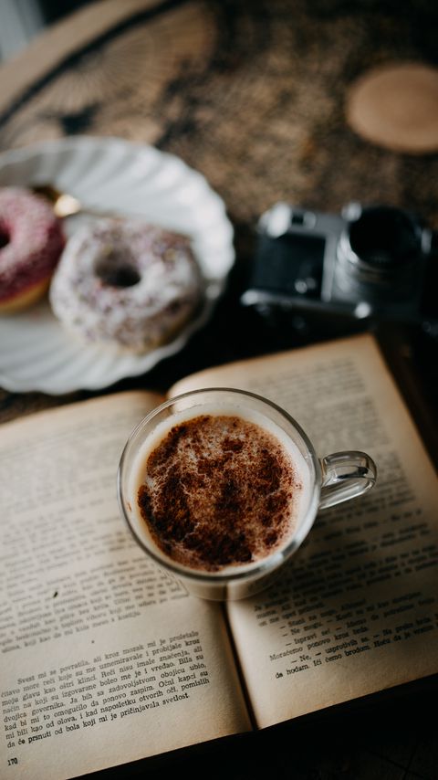 Download wallpaper 2160x3840 coffee, mug, book, donuts, dessert, camera samsung galaxy s4, s5, note, sony xperia z, z1, z2, z3, htc one, lenovo vibe hd background