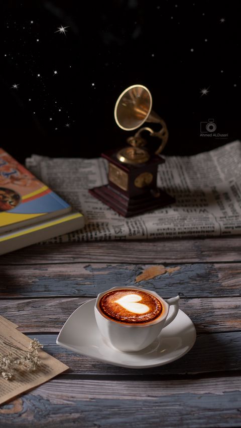 Download wallpaper 2160x3840 cup, cappuccino, coffee, figurine, book samsung galaxy s4, s5, note, sony xperia z, z1, z2, z3, htc one, lenovo vibe hd background