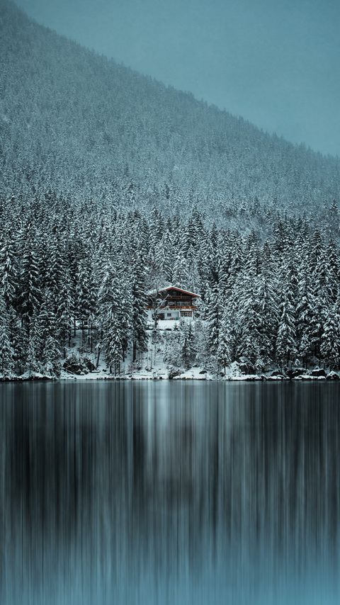 Download wallpaper 2160x3840 forest, trees, house, lake, snow, winter samsung galaxy s4, s5, note, sony xperia z, z1, z2, z3, htc one, lenovo vibe hd background