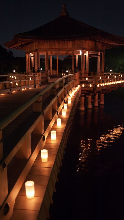 Download wallpaper 2160x3840 gazebo, bridge, lights, water, dark samsung galaxy s4, s5, note, sony xperia z, z1, z2, z3, htc one, lenovo vibe hd background