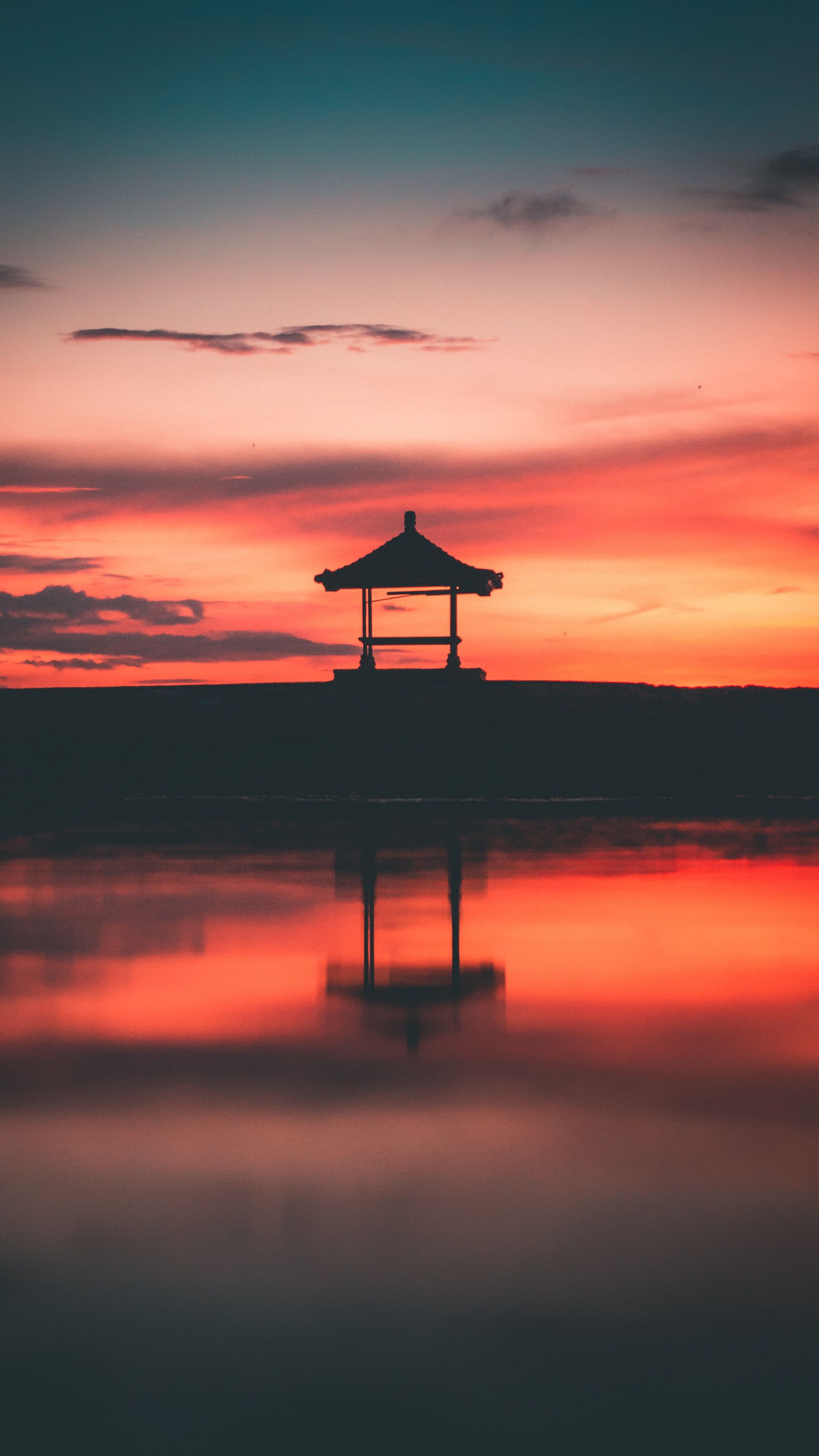 Download wallpaper 2160x3840 gazebo, silhouette, sunset, water ...