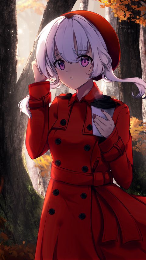 Download wallpaper 2160x3840 girl, glance, cup, autumn, anime samsung galaxy s4, s5, note, sony xperia z, z1, z2, z3, htc one, lenovo vibe hd background