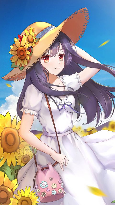 Download wallpaper 2160x3840 girl, hat, flowers, summer, anime samsung galaxy s4, s5, note, sony xperia z, z1, z2, z3, htc one, lenovo vibe hd background