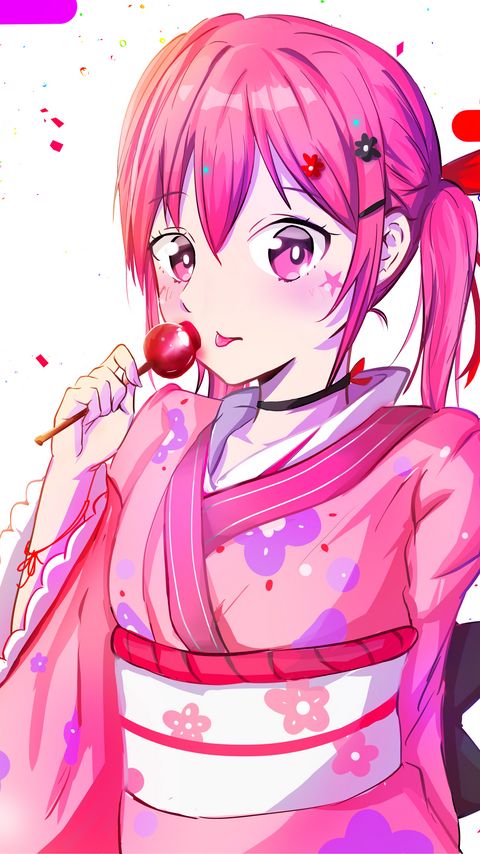 Download wallpaper 2160x3840 girl, kimono, lollipop, anime, pink, bright samsung galaxy s4, s5, note, sony xperia z, z1, z2, z3, htc one, lenovo vibe hd background