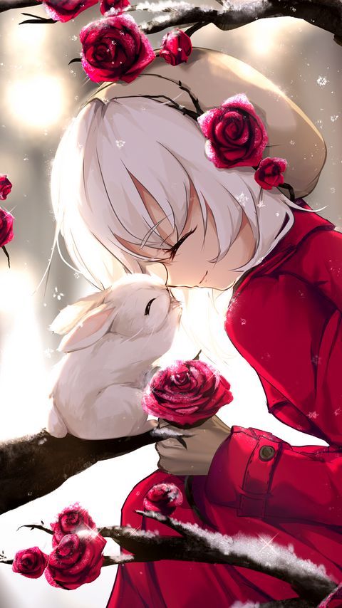 Download wallpaper 2160x3840 girl, rabbit, happiness, smile, roses, anime samsung galaxy s4, s5, note, sony xperia z, z1, z2, z3, htc one, lenovo vibe hd background