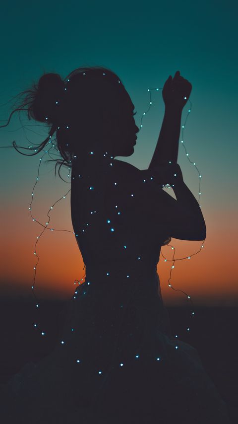 Download wallpaper 2160x3840 girl, silhouette, garland, lights, sunset, dark samsung galaxy s4, s5, note, sony xperia z, z1, z2, z3, htc one, lenovo vibe hd background