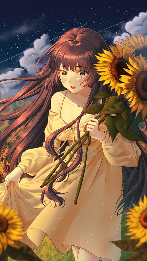 Download wallpaper 2160x3840 girl, sunflowers, field, anime, art samsung galaxy s4, s5, note, sony xperia z, z1, z2, z3, htc one, lenovo vibe hd background