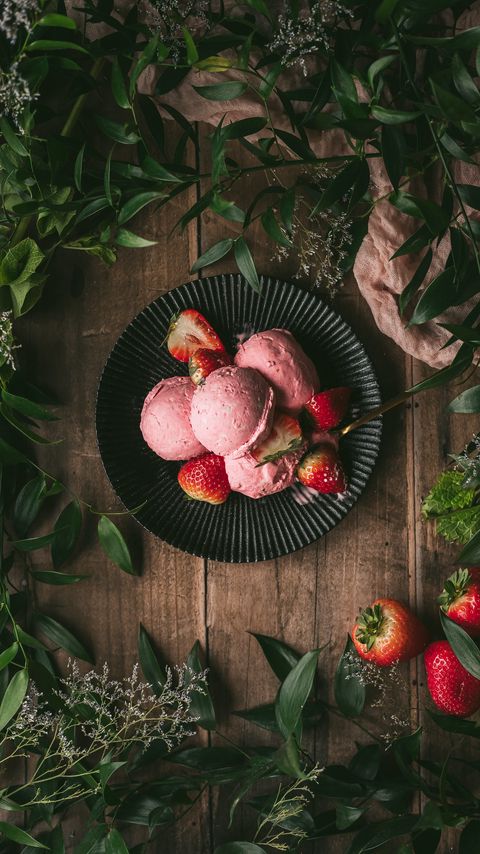 Download wallpaper 2160x3840 ice cream, strawberry, dessert, branches, leaves samsung galaxy s4, s5, note, sony xperia z, z1, z2, z3, htc one, lenovo vibe hd background