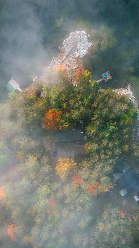 Download wallpaper 2160x3840 island, trees, fog, aerial view samsung galaxy s4, s5, note, sony xperia z, z1, z2, z3, htc one, lenovo vibe hd background