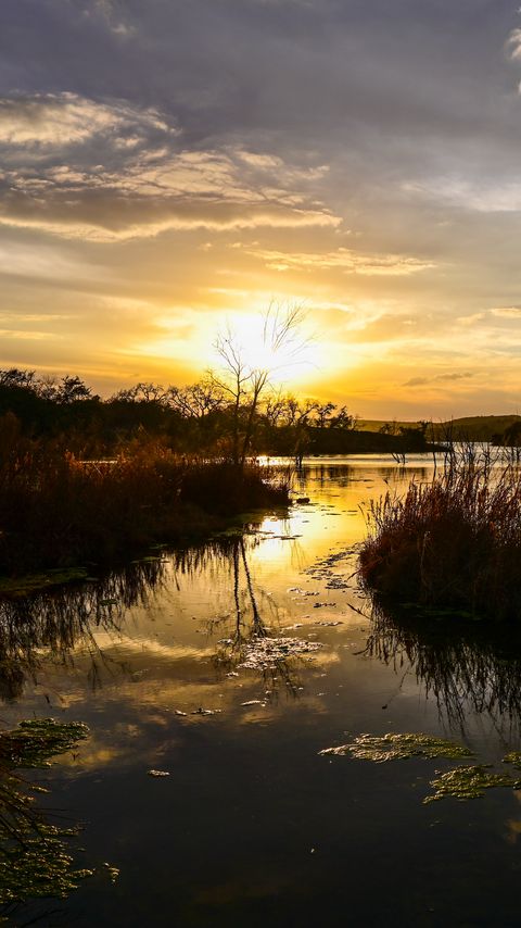 Download wallpaper 2160x3840 lake, grass, sunset, nature samsung galaxy s4, s5, note, sony xperia z, z1, z2, z3, htc one, lenovo vibe hd background