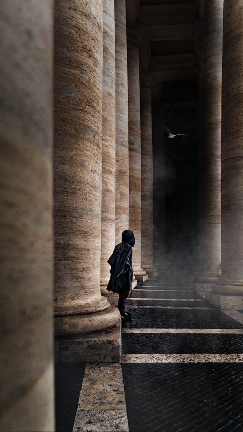 Download wallpaper 2160x3840 man, alone, smoke, bird, columns samsung galaxy s4, s5, note, sony xperia z, z1, z2, z3, htc one, lenovo vibe hd background