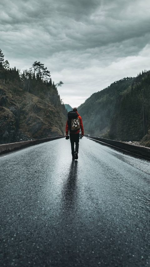 Download wallpaper 2160x3840 man, road, alone, tourist, travel, nature samsung galaxy s4, s5, note, sony xperia z, z1, z2, z3, htc one, lenovo vibe hd background