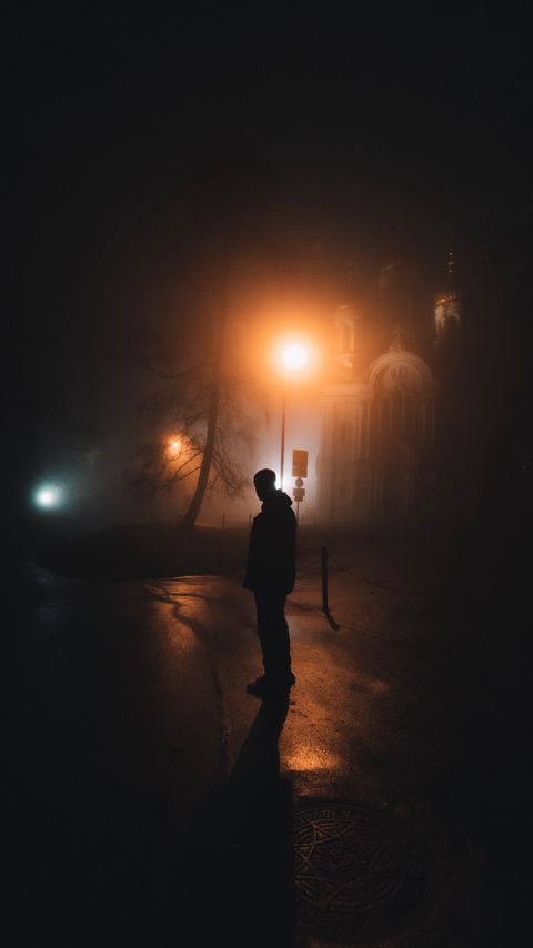 Download wallpaper 2160x3840 man, silhouette, night, fog, light, darkness, gloom samsung galaxy s4, s5, note, sony xperia z, z1, z2, z3, htc one, lenovo vibe hd background