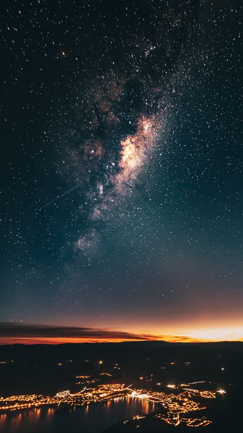 Download wallpaper 2160x3840 milky way, stars, city, lights, night, aerial view, dark samsung galaxy s4, s5, note, sony xperia z, z1, z2, z3, htc one, lenovo vibe hd background