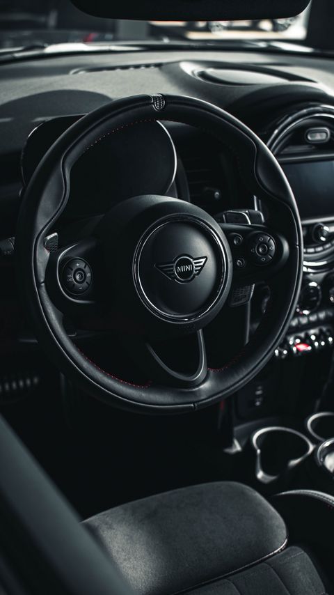 Download wallpaper 2160x3840 mini, car, steering wheel, seats, salon, black samsung galaxy s4, s5, note, sony xperia z, z1, z2, z3, htc one, lenovo vibe hd background