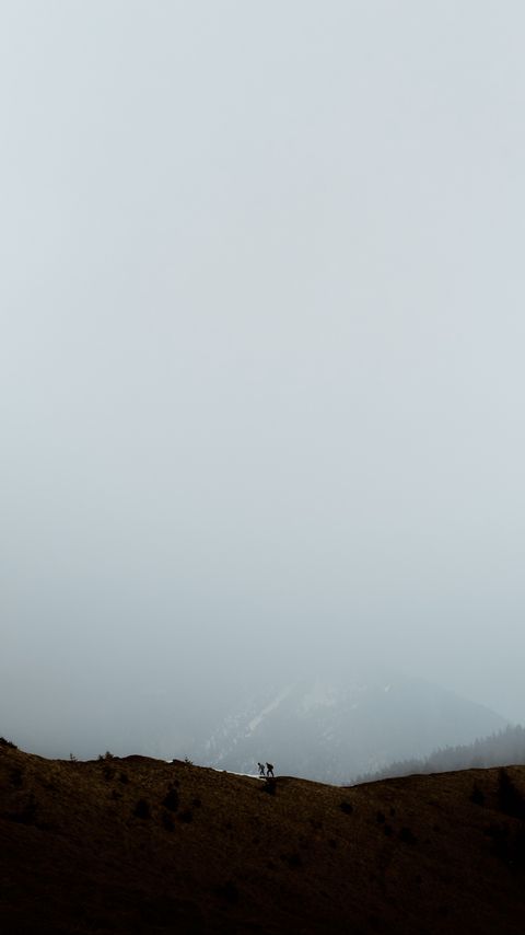 Download wallpaper 2160x3840 mountains, fog, silhouettes, couple, hike, nature samsung galaxy s4, s5, note, sony xperia z, z1, z2, z3, htc one, lenovo vibe hd background