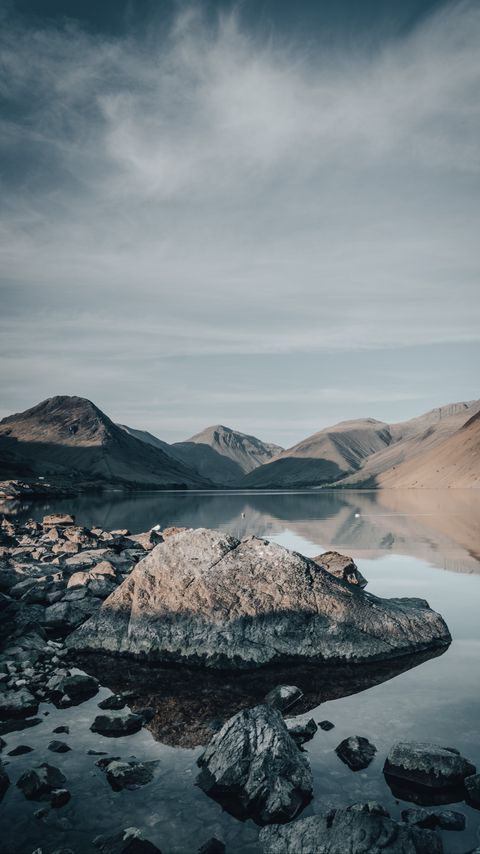 Download wallpaper 2160x3840 mountains, lake, stones, landscape samsung galaxy s4, s5, note, sony xperia z, z1, z2, z3, htc one, lenovo vibe hd background