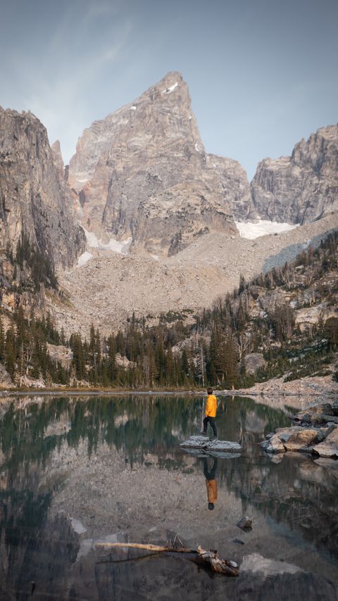 Download wallpaper 2160x3840 mountains, lake, trees, man, alone, nature samsung galaxy s4, s5, note, sony xperia z, z1, z2, z3, htc one, lenovo vibe hd background