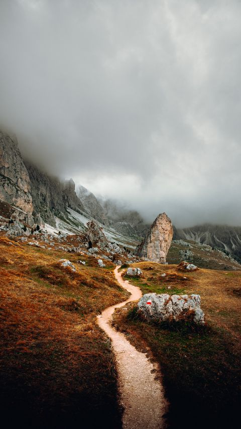 Download wallpaper 2160x3840 mountains, stones, clouds, trail, road, nature samsung galaxy s4, s5, note, sony xperia z, z1, z2, z3, htc one, lenovo vibe hd background