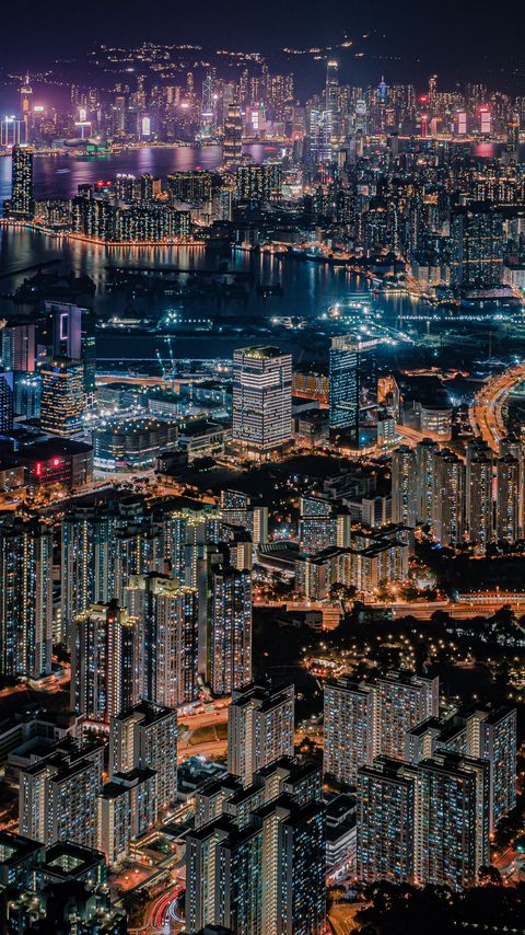 Download wallpaper 2160x3840 night city, city, aerial view, metropolis, buildings, lights, dark, hong kong samsung galaxy s4, s5, note, sony xperia z, z1, z2, z3, htc one, lenovo vibe hd background