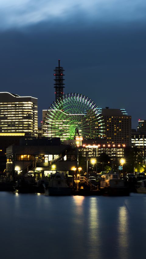 Download wallpaper 2160x3840 night city, city, buildings, ferris wheel, lights, water samsung galaxy s4, s5, note, sony xperia z, z1, z2, z3, htc one, lenovo vibe hd background