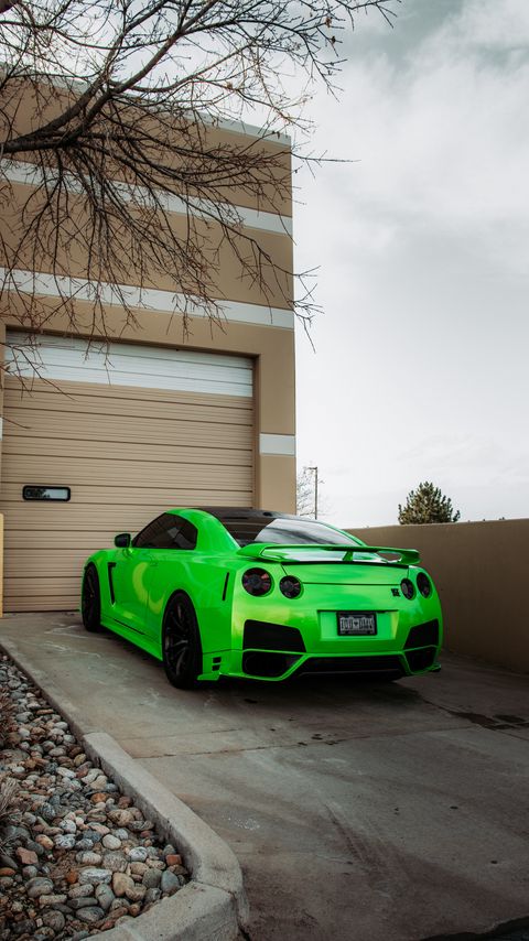 Download wallpaper 2160x3840 nissan gtr, nissan, car, sports car, green, rear view samsung galaxy s4, s5, note, sony xperia z, z1, z2, z3, htc one, lenovo vibe hd background