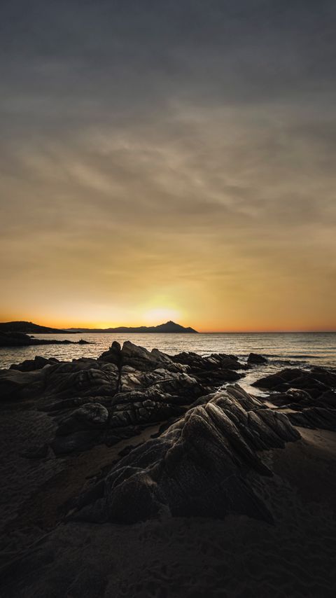 Download wallpaper 2160x3840 ocean, beach, rocks, sunset, dark samsung galaxy s4, s5, note, sony xperia z, z1, z2, z3, htc one, lenovo vibe hd background