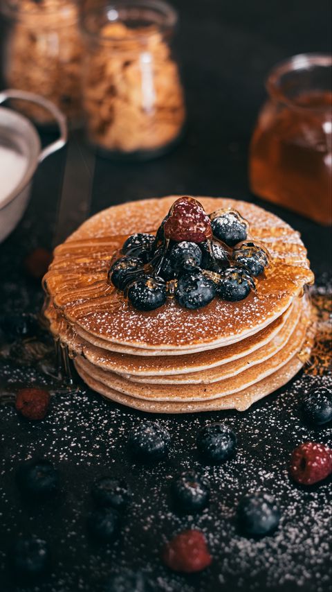 Download wallpaper 2160x3840 pancakes, berries, syrup, breakfast samsung galaxy s4, s5, note, sony xperia z, z1, z2, z3, htc one, lenovo vibe hd background