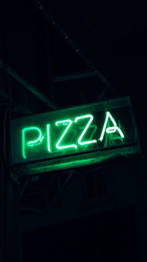 Download wallpaper 2160x3840 pizza, word, neon, signboard, light, green samsung galaxy s4, s5, note, sony xperia z, z1, z2, z3, htc one, lenovo vibe hd background