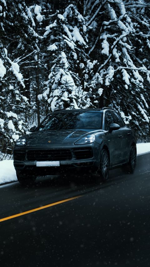 Download wallpaper 2160x3840 porsche cayenne, porsche, car, black, road, snow, winter samsung galaxy s4, s5, note, sony xperia z, z1, z2, z3, htc one, lenovo vibe hd background