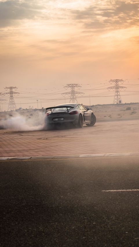 Download wallpaper 2160x3840 porsche gt4, porsche, car, gray, drift, smoke, track samsung galaxy s4, s5, note, sony xperia z, z1, z2, z3, htc one, lenovo vibe hd background