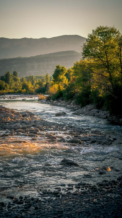 Download wallpaper 2160x3840 river, stones, trees, mountains, landscape samsung galaxy s4, s5, note, sony xperia z, z1, z2, z3, htc one, lenovo vibe hd background