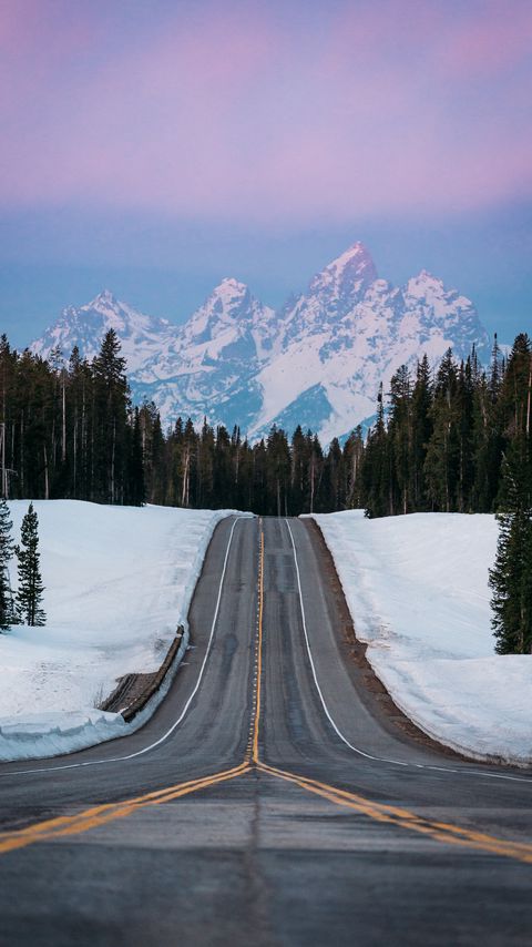 Download wallpaper 2160x3840 road, hill, mountains, trees, snow, winter samsung galaxy s4, s5, note, sony xperia z, z1, z2, z3, htc one, lenovo vibe hd background