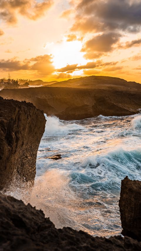 Download wallpaper 2160x3840 rocks, waves, sunset, sea, shore samsung galaxy s4, s5, note, sony xperia z, z1, z2, z3, htc one, lenovo vibe hd background