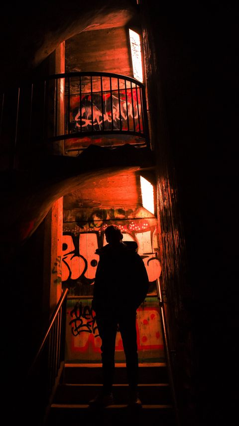 Download wallpaper 2160x3840 silhouette, alone, stairs, graffiti, dark samsung galaxy s4, s5, note, sony xperia z, z1, z2, z3, htc one, lenovo vibe hd background