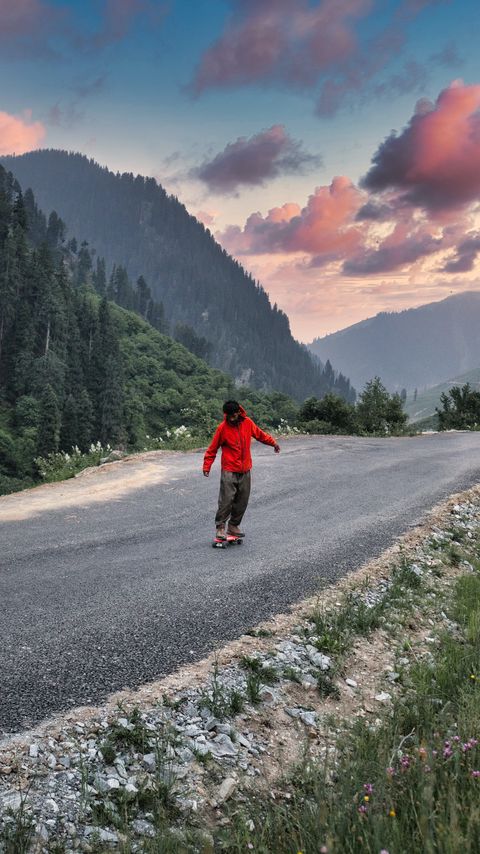 Download wallpaper 2160x3840 skateboard, skater, road, mountains, trees, nature samsung galaxy s4, s5, note, sony xperia z, z1, z2, z3, htc one, lenovo vibe hd background