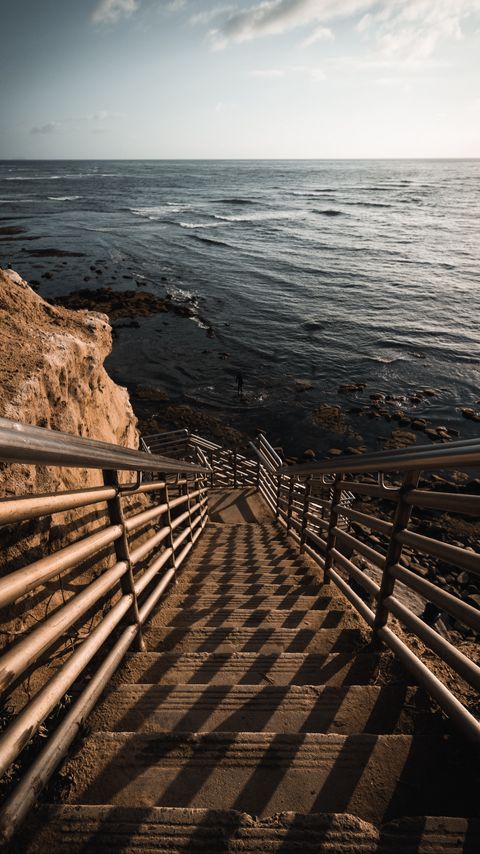 Download wallpaper 2160x3840 stairs, descent, rock, sea samsung galaxy s4, s5, note, sony xperia z, z1, z2, z3, htc one, lenovo vibe hd background