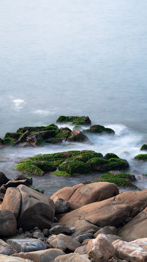 Download wallpaper 2160x3840 stones, moss, water, waves, nature samsung galaxy s4, s5, note, sony xperia z, z1, z2, z3, htc one, lenovo vibe hd background