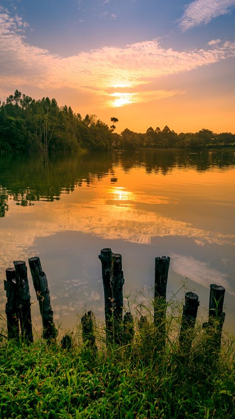 Download wallpaper 2160x3840 trees, lake, sunset, nature samsung galaxy s4, s5, note, sony xperia z, z1, z2, z3, htc one, lenovo vibe hd background