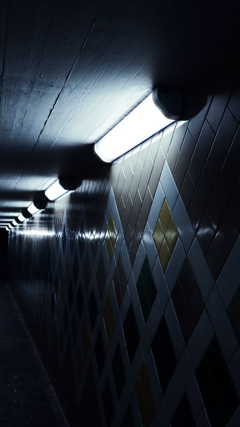 Download wallpaper 2160x3840 tunnel, wall, tiles, lamps, lighting, dark samsung galaxy s4, s5, note, sony xperia z, z1, z2, z3, htc one, lenovo vibe hd background