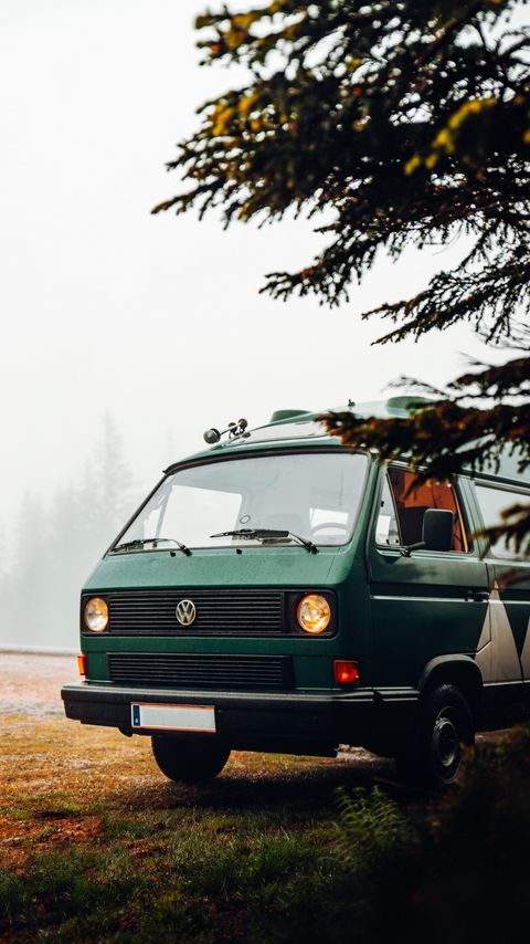 Download wallpaper 2160x3840 volkswagen, car, van, green, nature, fog, camping samsung galaxy s4, s5, note, sony xperia z, z1, z2, z3, htc one, lenovo vibe hd background