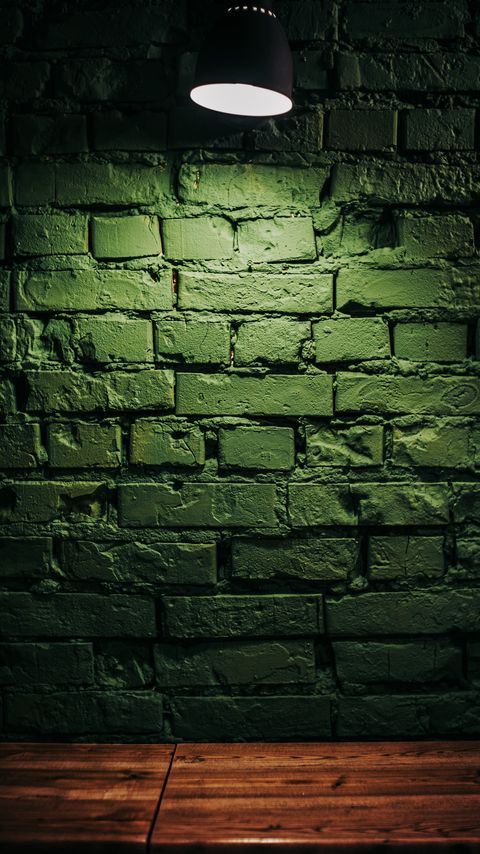 Download wallpaper 2160x3840 wall, bricks, surface, lamp, lighting, green samsung galaxy s4, s5, note, sony xperia z, z1, z2, z3, htc one, lenovo vibe hd background